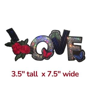 Large Fashion Sequins  LOVE Iron on Patch Navy Blue & Silver Reflective
